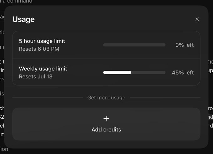 A Claude usage dialog showing a 5-hour usage limit at 0% left (resets 6:03 PM) and a weekly usage limit at 45% left (resets Jul 13), with an 'Add credits' option below.