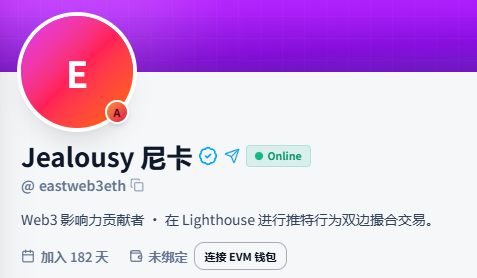 A profile page for "Jealousy 尼卡" (@eastweb3eth) displays an "E" avatar badge, a blue verification checkmark, an online status indicator, and notes 182 days of membership alongside a "Web3 影响力贡献者" (Web3 Influence Contributor) title, with a "连接 EVM 钱包" (Connect EVM Wallet) button. The post reflects on this 182-day milestone with Lighthouse, celebrating the user's A-level achievement.