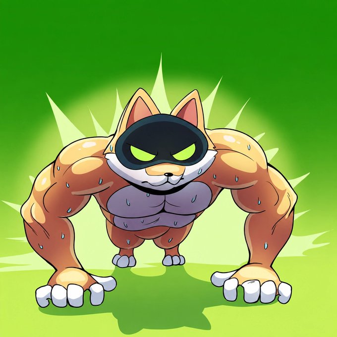 A digital illustration of a heavily muscled orange and white cat wearing a black ninja-style mask, standing in a powerful pose against a bright green background.