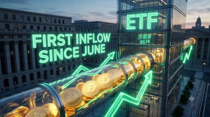 A digital graphic shows gold coins in a transparent tube flowing upward with green arrows, with the text 'ETF FIRST INFLOW SINCE JUNE' displayed against a backdrop of buildings.