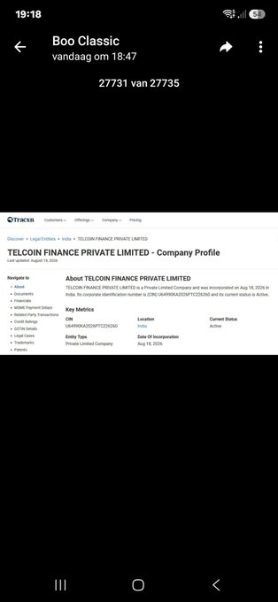 A screenshot of a mobile messaging app showing a message from 'Boo Classic' at 18:47, followed by a webpage from Tracxn displaying the company profile for 'TELCOIN FINANCE PRIVATE LIMITED' with its CIN and location details.