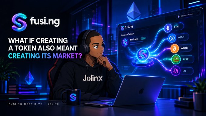 A promotional graphic for 'fusi.ng' featuring the text 'WHAT IF CREATING A TOKEN ALSO MEANT CREATING ITS MARKET?' alongside an illustrated character named 'Jolinx' and various cryptocurrency tokens including ETH, USDC, WBTC, PEPE, and UNI.
