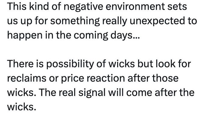 A text-based image featuring a crypto market analysis discussing a negative environment setting up for unexpected price movement, with mention of potential wicks followed by reclaims or price reactions as the real trading signal. The post context references Bitcoin ($BTC) and its bullish stance despite acknowledging possible wicks down to $54k, framing buys below $60k as optimal entry points.