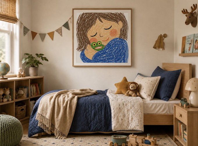 A child's bedroom featuring a bed with blue and beige bedding, decorated with stuffed animals, a framed crayon-style drawing of a sleeping child on the wall, and various toys.