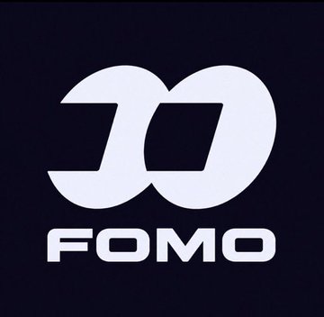 A logo on a dark background featuring a stylized white infinity-like symbol above the word 'FOMO'.