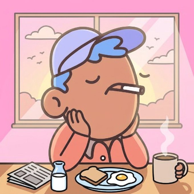A cartoon character with blue hair and a backwards cap enjoys a breakfast of eggs, toast, and coffee while smoking, set against a pink sunrise window — visually capturing the "GM" (good morning) vibe of the post with its relaxed, daily routine imagery. The scene of a peaceful morning start pairs perfectly with the "GM NFT fam" greeting, while the character staying plugged in (cigarette in hand, watching the market) mirrors the post's mention of tracking the floor price as a builder in the space.