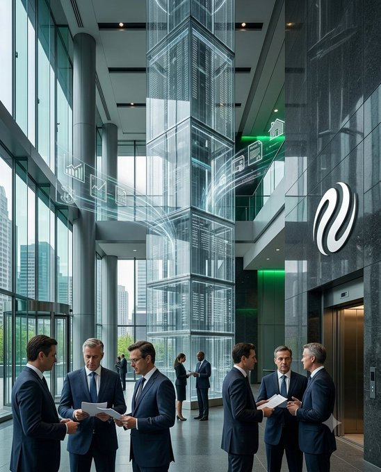 Businessmen in suits converse in a modern corporate lobby with a glass elevator, holographic data displays, and city views visible through floor-to-ceiling windows.