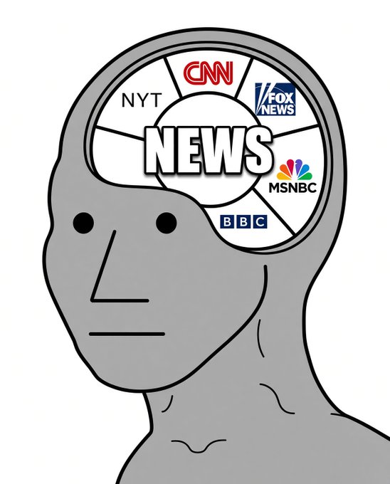 A gray cartoon figure has an exposed brain divided into pie slices, each labeled with major news outlets—CNN, NYT, Fox News, MSNBC, and BBC—centered around the word "NEWS," illustrating the post's "$NPC Inside the Npc Brain" meme by suggesting the character is mindlessly programmed to consume mainstream media.