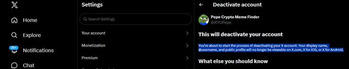 Screenshots of X (Twitter) showing the Settings menu and a 'Deactivate account' page with text about starting the deactivation process for 'Pepe Crypto Meme Finder'.