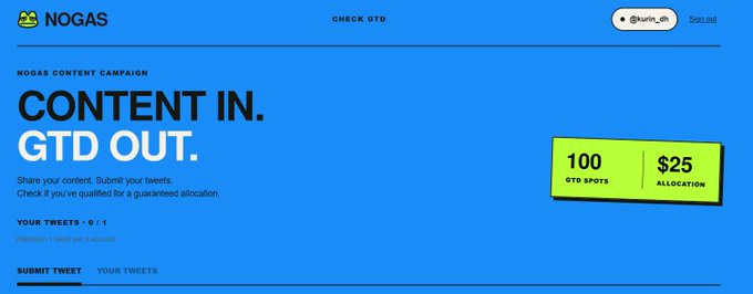 A blue website interface for the “NOGAS CONTENT CAMPAIGN,” with the headline “CONTENT IN. GTD OUT.” and a giveaway panel reading “100 GTC SPOTS” and “$25 ALLOCATION.”