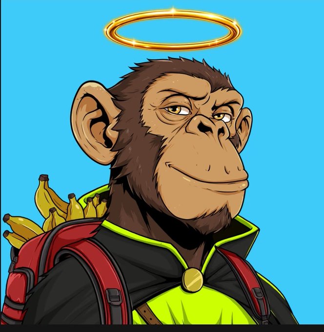 A digital illustration of a smug-looking monkey wearing a green and black jacket with a golden halo above its head and a backpack full of bananas.