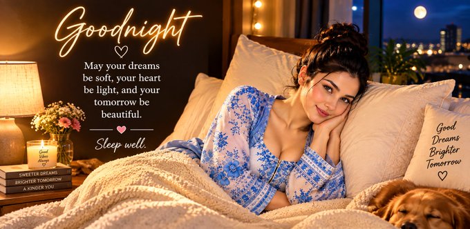 A 'Goodnight' themed graphic showing a woman resting in bed under a blanket beside a golden retriever, with text reading 'May your dreams be soft, your heart be light, and your tomorrow be beautiful. Sleep well.'