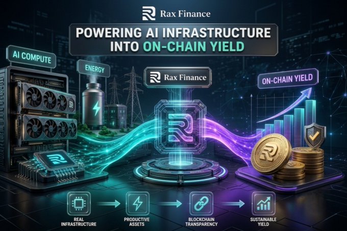 A digital infographic for Rax Finance illustrating the flow "AI Compute + Energy → Real Infrastructure → Productive Assets → Blockchain Transparency → Sustainable Yield," visualizing how the platform converts AI compute and energy resources into on-chain yield.