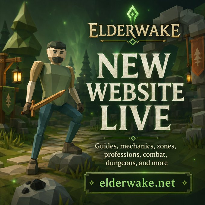 A promotional graphic for 'ELDERWAKE' announcing a 'NEW WEBSITE LIVE' at elderwake.net, featuring a low-poly 3D character with a sword in a fantasy forest setting.