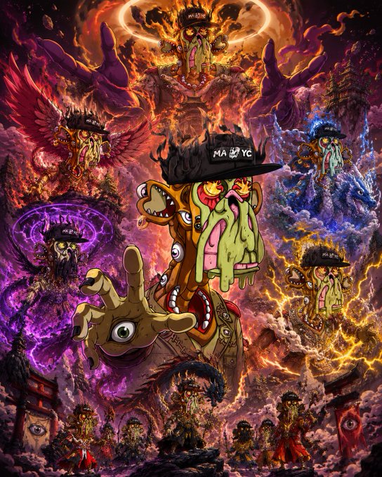 A vibrant, chaotic digital illustration featuring a melting green-faced character wearing a black 'MA BOYS' cap with multiple eyes and hands, surrounded by similar monstrous figures, lightning, flames, and swirling cosmic elements in purple and orange tones.
