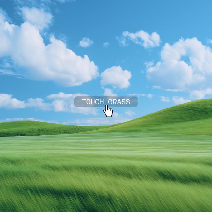 A serene landscape reminiscent of classic Windows XP "Bliss" wallpaper features rolling green hills under a bright blue sky scattered with fluffy white clouds. Centered on screen is a translucent button reading "TOUCH GRASS" with a cursor hovering over it, humorously prompting viewers to step outside and enjoy nature—perfectly matching the laid-back "Sunday vibes" sentiment of disconnecting from screens and embracing the outdoors.