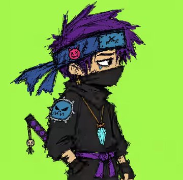 The image features a cartoon character with purple hair, dressed as a ninja wearing a black outfit and holding a sword. The character also has a blue bandana tied around their head. The background of the image is green, which contrasts with the character's attire and adds depth to the scene. The post mentions that this artwork was created by @glitchesst Satoshi Nakamoto, suggesting it might be related to Bitcoin or cryptocurrency art.