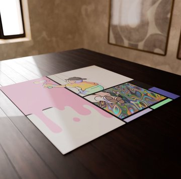 The image features a wooden table with a colorful, patterned paper design. The artwork is composed of multiple pieces featuring cartoon characters, including a boy who appears to be painting something. There are three distinct sections within each piece, adding to the complexity and visual interest of the art. In this context, the title "Mondrian x @doodles collection" suggests that it could be an online art print or a digital reproduction of the original artwork by Mondrian. The post also mentions an album titled "Halo" which may pertain to additional pieces in this collection, making it a highly engaging piece of content for those interested in digital art and unique patterns.