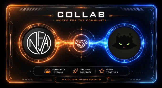 A neon-styled graphic banner reading 'COLLAB - UNITED FOR THE COMMUNITY' featuring logos for 'NFA' and another project, with a handshake icon and the phrases 'COMMUNITY STRONG', 'INNOVATE TOGETHER', and 'GROW TOGETHER'.