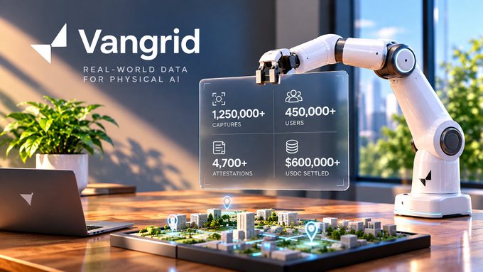 Promotional image for Vangrid showing a robotic arm, a holographic display with metrics (1,250,000+ captures, 450,000+ users, 4,700+ attestations, $600,000+ USDC settled), and the tagline 'REAL-WORLD DATA FOR PHYSICAL AI'.