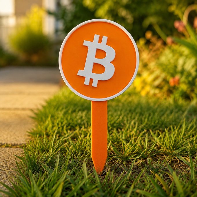 An orange circular sign featuring the white Bitcoin logo, mounted on a stake in a grassy lawn with blurred foliage in the background.