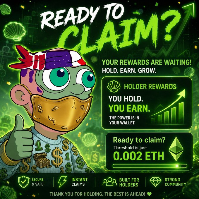 A crypto rewards advertisement featuring a cartoon character with a bandana and gold face mask giving a thumbs up, with the text 'READY TO CLAIM?', 'HOLDER REWARDS', 'YOU HOLD. YOU EARN.', and a claim threshold of '0.002 ETH'.