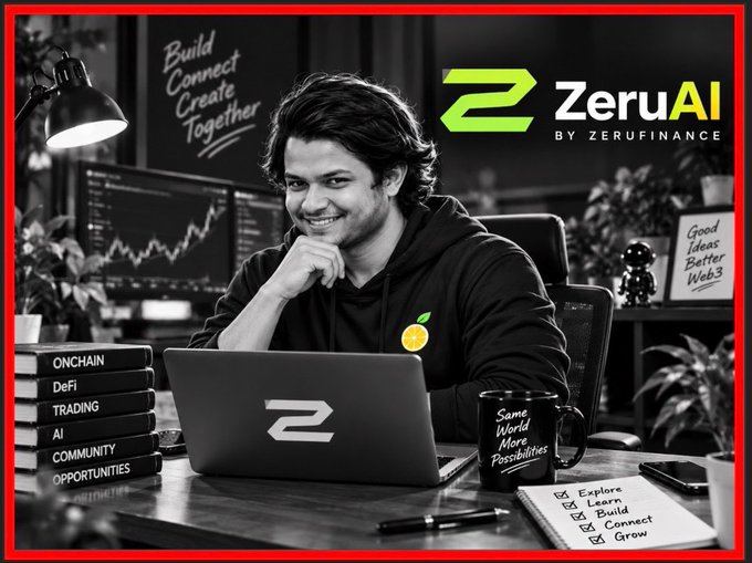 A black-and-white promotional graphic for ZeruAI by ZeruFinance featuring a smiling man at a laptop with a chart, books labeled ONCHAIN, DeFi, TRADING, AI, COMMUNITY, OPPORTUNITIES, and a to-do list reading Explore, Learn, Build, Connect, Grow.