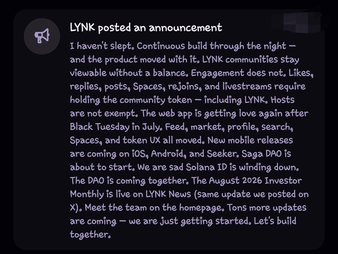 A social media post by LYNK announces product updates, mentioning 'Black Tuesday in July', new mobile releases on iOS, Android, and Seeker, and the start of Saga DAO.