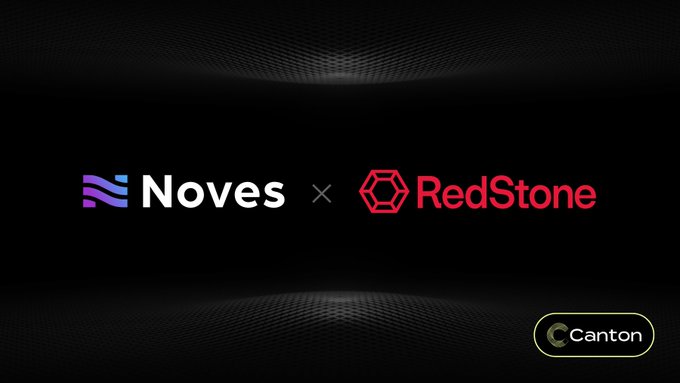 The image shows a partnership announcement graphic featuring the Noves logo (with a purple and blue wave icon) alongside the RedStone logo (with a red hexagon) separated by an "×" symbol, with the Canton logo displayed in the bottom right corner—all set against a dark textured background. This visually represents the collaboration between Noves and RedStone to deliver private price feeds for stablecoins and tokenized funds on Canton's institutional data infrastructure.