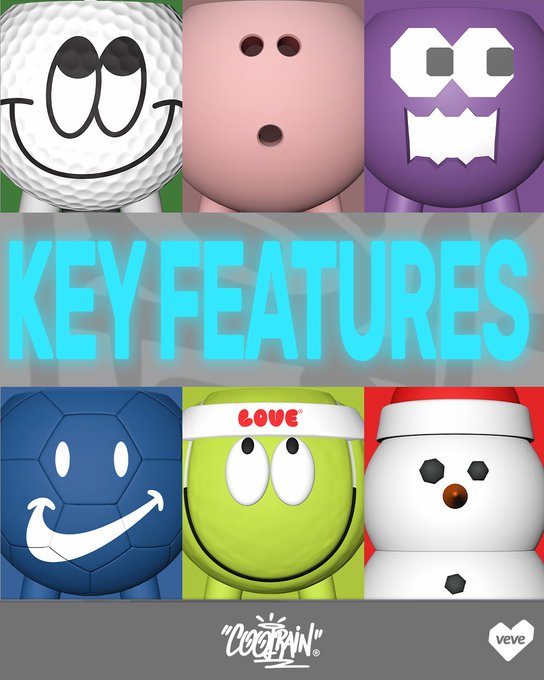 A promotional graphic titled 'KEY FEATURES' displaying six 3D collectible characters from Veve, including a golf ball, a pink figure, a purple skull, a blue soccer ball, a green 'LOVE' figure, and a white character.