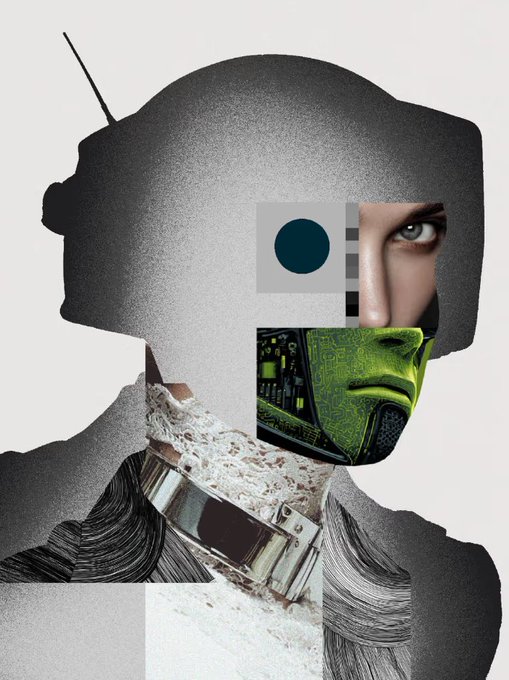 A collage-style artwork showing the silhouette of a person wearing a VR headset, with cut-out elements of a human eye, a robotic figure with circuit board textures, and a lace collar visible within the head area.