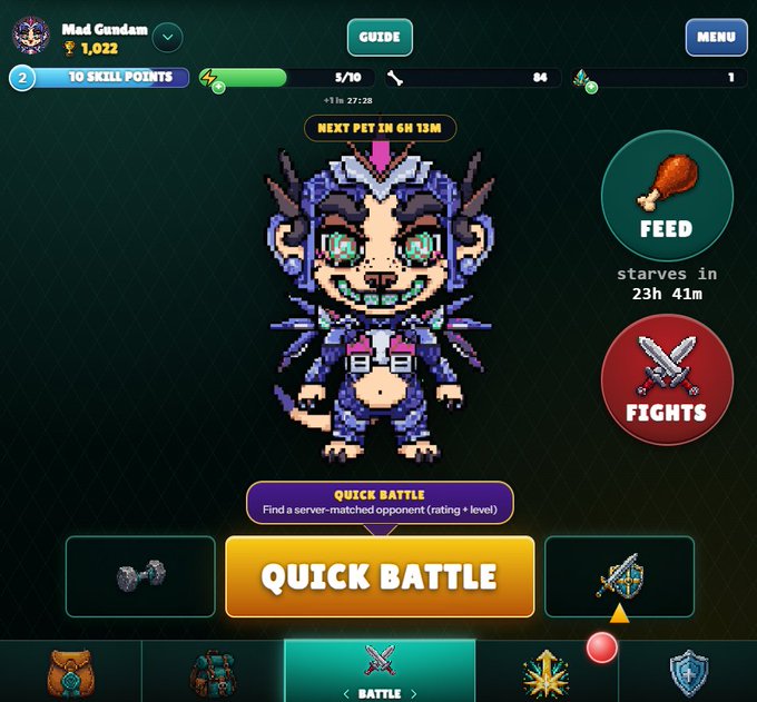A pixel art character named 'Mod Gundam' is displayed on a mobile game screen with options to 'FEED' or 'FIGHTS', showing a 'NEXT PET IN 6H 15M' timer.