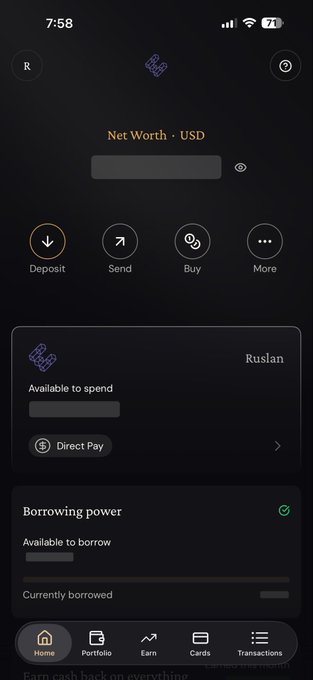 A mobile app screenshot showing a financial dashboard in dark mode with options for Deposit, Send, Buy, and More, displaying a Net Worth section in USD and a 'Borrowing power' feature.