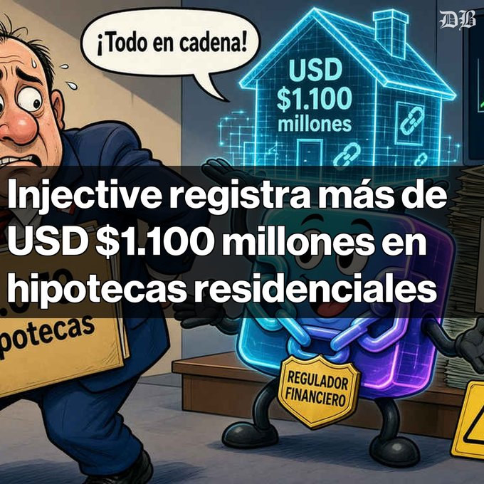 A Spanish-language cartoon graphic from 'Diario Bitcoin' with the headline 'Injective registra más de USD $1.100 millones en hipotecas residenciales', depicting a chain-linked house graphic with a blockchain character.