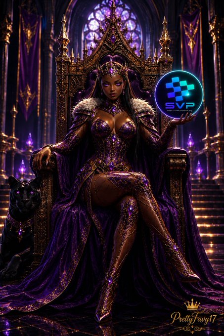 A regal queen in purple and gold royal attire sits upon an ornate throne beside a black panther, holding a glowing blue orb displaying the "SVP" logo, embodying the post's message of elevated identity and verifiable, sovereign presence on the @SvpChain blockchain.