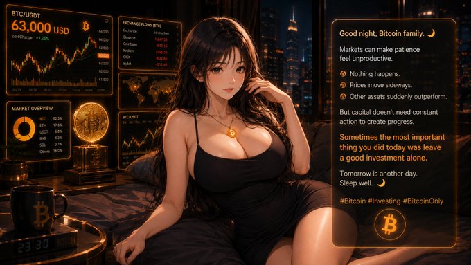 An anime-style illustration of a woman in a black dress sitting near a window displaying BTC/USDT trading charts at 63,000 USD, with a Bitcoin-themed message about market patience.