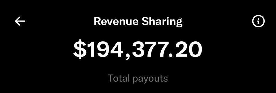 A mobile app screen displaying 'Revenue Sharing' total payouts of $194,377.20.