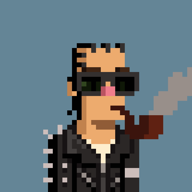 A pixel art character with sunglasses, a pink nose, and a cigarette in a black studded leather jacket smokes against a blue background.