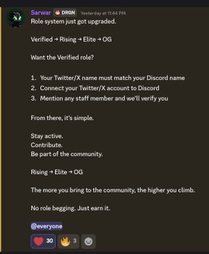 A Discord message from 'Sarwar' using the DROM bot announcing 'Role system just got upgraded' with sections for 'Verified + Rising + Elite + OG', 'Rising + Elite + OG', and instructions including 'Your Twitter/X name must match your Discord name'.