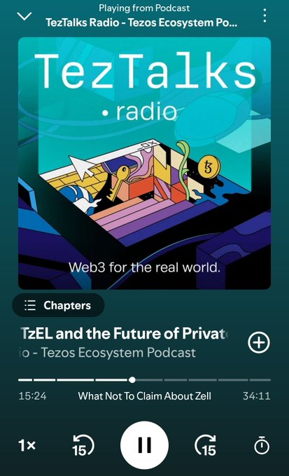 A mobile podcast player screen showing 'TezTalks Radio - Tezos Ecosystem Podcast' with cover art reading 'TezTalks radio - Web3 for the real world,' playing a chapter titled 'TzEL and the Future of Private.'