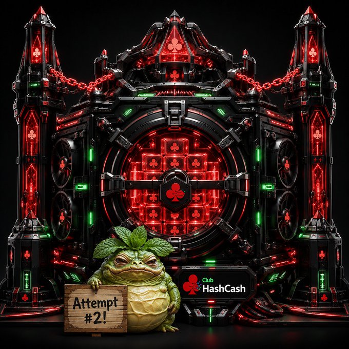 Promotional image for 'Club HashCash' featuring a menacing black and red gothic castle/fortress structure with chains, clubs card suit symbols, and a small monster-like creature holding a wooden 'Attempt #2!' sign.