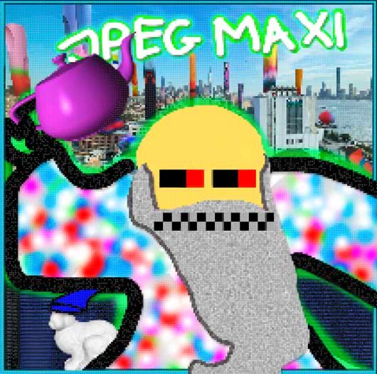 The image is a vibrant, pixel-art style digital illustration featuring the text "JPEG MAXI" at the top, with a yellow skull-like figure wearing 3D glasses and a checkered scarf, holding a purple spray paint can, set against a cityscape background with colorful, glitchy splashes. In the lower left, a small white dog wears a graduation cap, adding a playful touch. The chaotic, graffiti-inspired aesthetic and the "JPEG MAXI" branding visually embody the post's message about artists leveraging multiple chains to distribute and preserve their on-chain digital art, reinforcing the idea that artwork can thrive across platforms while remaining anchored to Bitcoin's ecosystem.