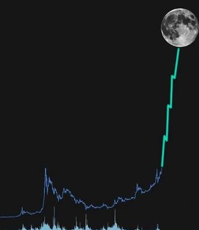 A stock chart shows a coin's price on a flat trend for most of the timeline before dramatically mooning upward, with a photo of the full moon at the peak—visually illustrating the post's call for the latest trending memecoins (DOG, FLOKI, PEPE, SPX, TRUMP, FARTCOIN, TOSHI, MARSCOIN, USELESS) that are shooting for the moon.