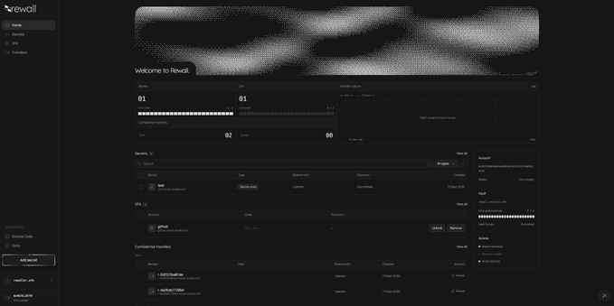 A dark-themed dashboard interface for a platform called Rewell, showing sections for endpoints, sources, users, and access tokens in a developer console layout.