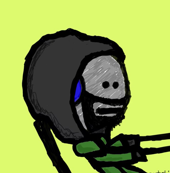 A crudely drawn cartoon figure with a black hood, gray face, two dot eyes, and a blue ear, set against a bright yellow background with some green at the bottom, accompanies a tweet about receiving an NFT from @rfernft for just $1.