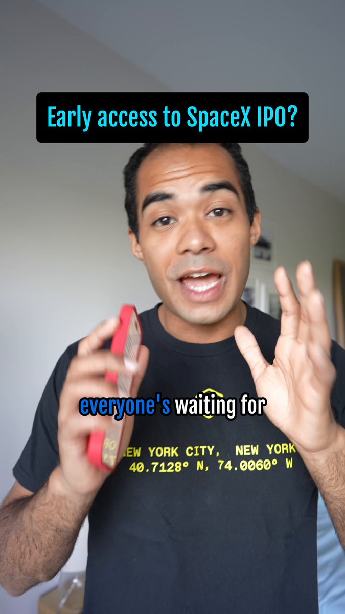 The image features a man wearing a black t-shirt with yellow text that says "New York City, New York". He is holding up his phone and talking into it while standing next to a bed. The caption of the image reads, "With SpaceX, OpenAI, and Anthropic now available to trade on @variational_io, private markets are becoming programmable."