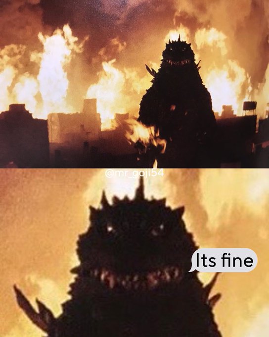 A meme featuring Godzilla standing before massive flames and a burning city, with a close-up of his face saying "Its fine" — the watermark @mr.god54 is visible.