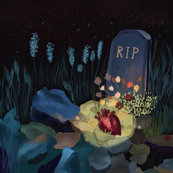 A digital illustration of a graveyard scene at night featuring a tombstone marked 'RIP', surrounded by colorful flowers, tall grass, and a red anatomical heart.