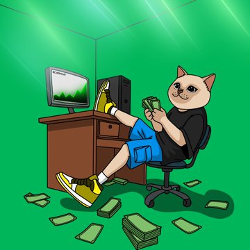 A cartoon cat in a black shirt and blue shorts lounges at a desk with one foot propped on a computer tower, casually counting cash with stacks of money scattered across the floor. The "CashCat" screen on the monitor ties directly to the post's theme of enthusiastically buying and promoting $CASHCAT, depicting the cat as a relaxed crypto trader enjoying his daily grind.