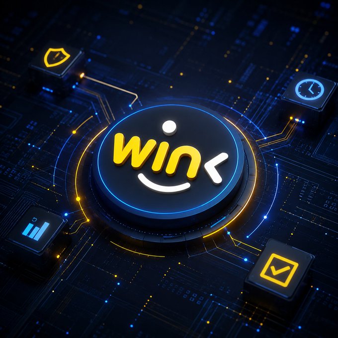 The image features an abstract design composed of circles and blocks. The central element within the circle is a blue smiley face that says "WINk", surrounded by various black squares containing icons such as clocks, a shield, and other symbols representing different data types or actions. Below the main circle, there is a smaller yellow circle containing the word "reliable". At the bottom of the image, additional circles are present with icons related to blockchain networks and nodes. The overall design suggests that it might be associated with a post discussing the importance of "winning" in the context of blockchain technology or highlighting the significance of reliable data for scalable decentralized networks.